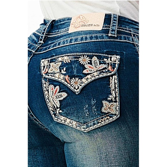 Grace in LA Women's Faux Flap Pocket Floral Embroidered Distressed Bootcut Jeans - Picture 1 of 3